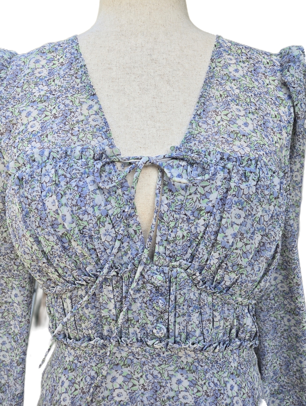 ASTR the Label Floral Mini Dress Light Blue Long Sleeve Cutout Smocked Back S - Picture 2 of 12